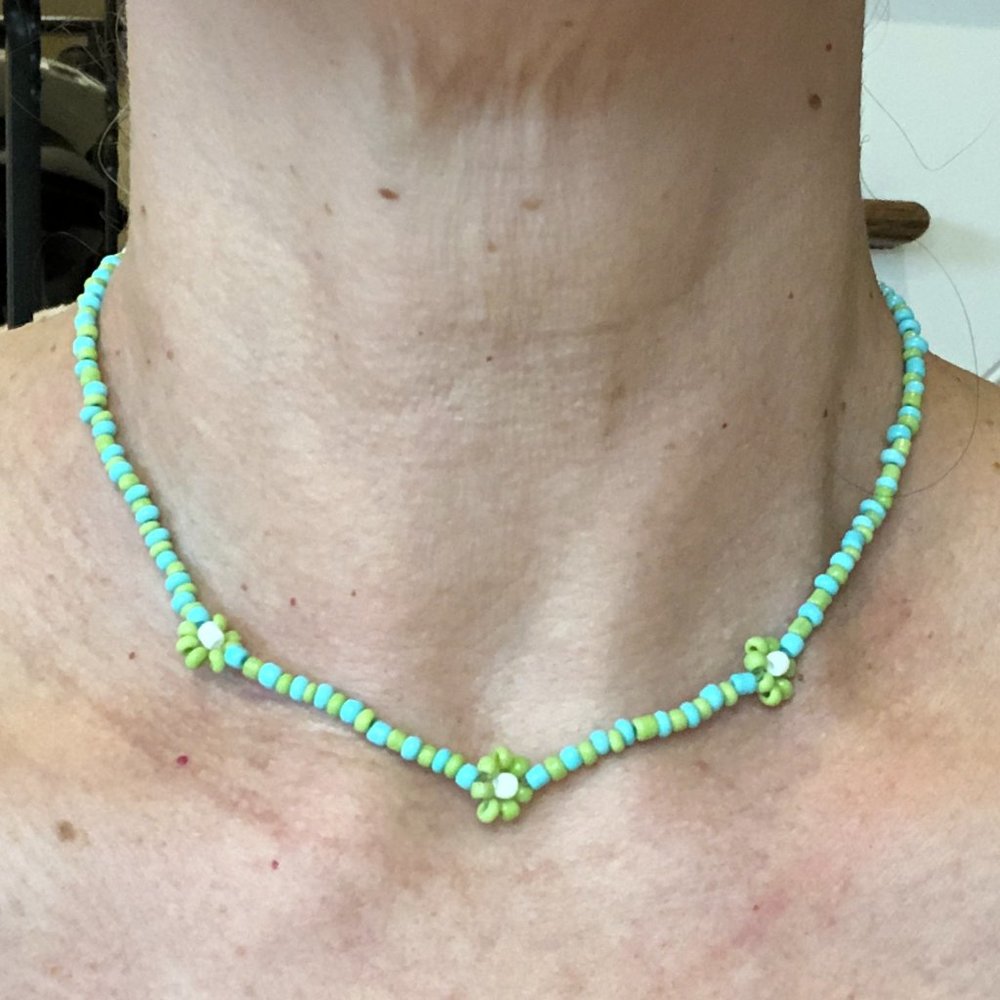 Altar'd State Green Blue Flower Beaded Choker Necklace with FREE Bracelet